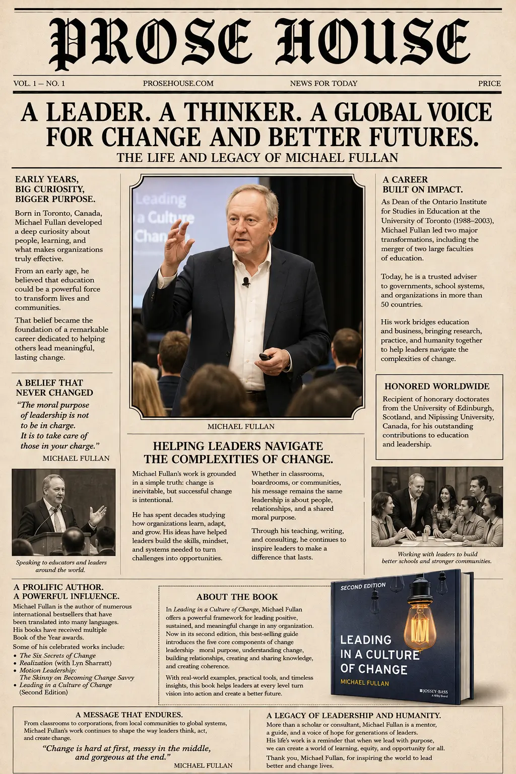 Prose House newspaper feature for Leading in a Culture of Change by Michael Fullan