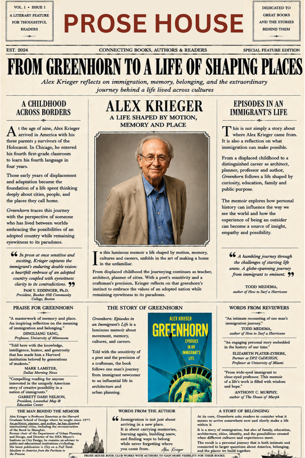 Prose House newspaper feature for Greenhorn: Episodes in an Immigrant's Life by Alex Krieger