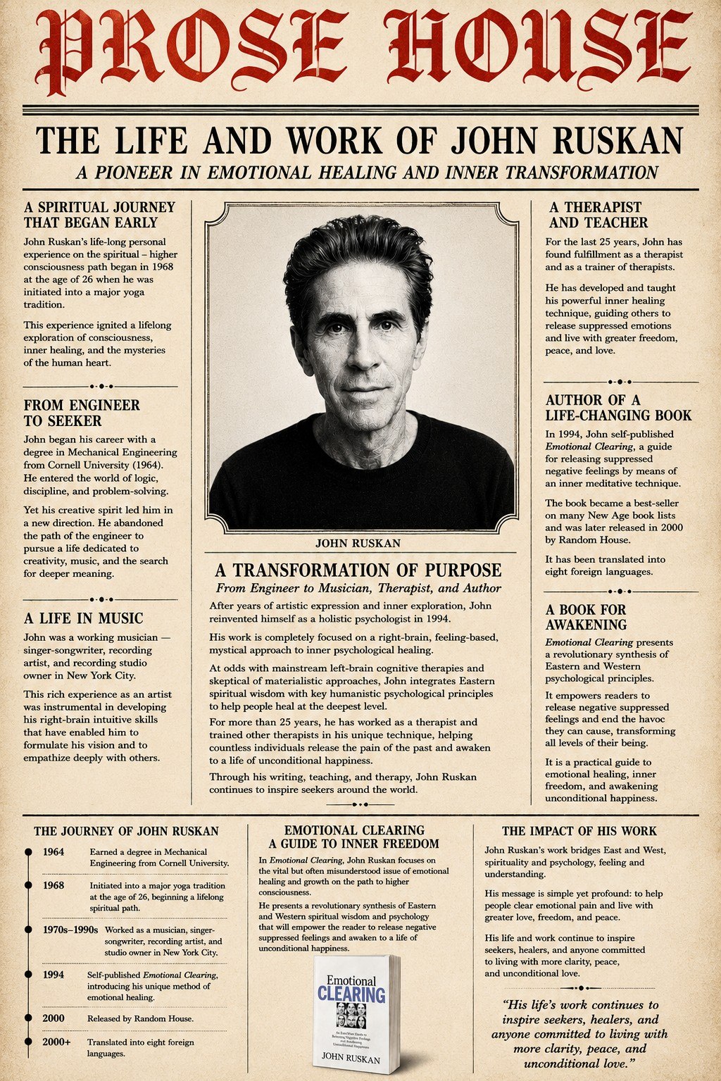 Prose House newspaper feature for Emotional Clearing: An East / West Guide to Releasing Negative Feelings and Awakening Unconditional Happiness by John Ruskan